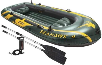 Seahawk Inflatable Boat Series: Includes Deluxe Aluminum Oars and High-Output Pump â€“ SuperStrong PVC â€“ Fishing Rod Holders (Color: Seahawk 4)